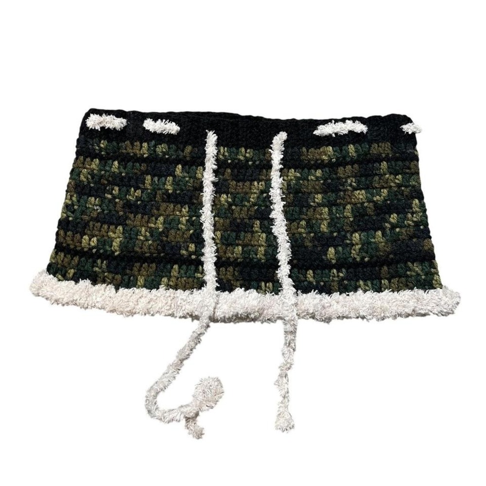 camo crochet miniskirt with tan fuzzy hem